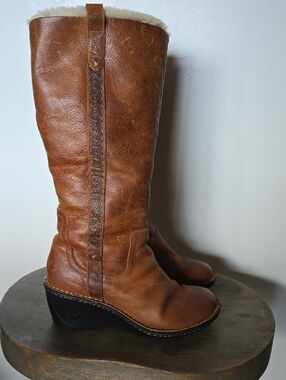 UGG Chestnut Brown Leather Mid-Calf Wedge Boots